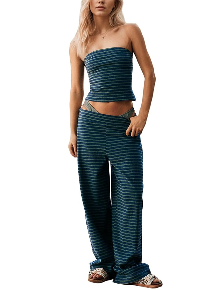 Women Sailor Tube Top Set 2 Piece Outfits Striped Strapless Bandeau Low Waist Wide-Leg Pants Loun... | Amazon (US)