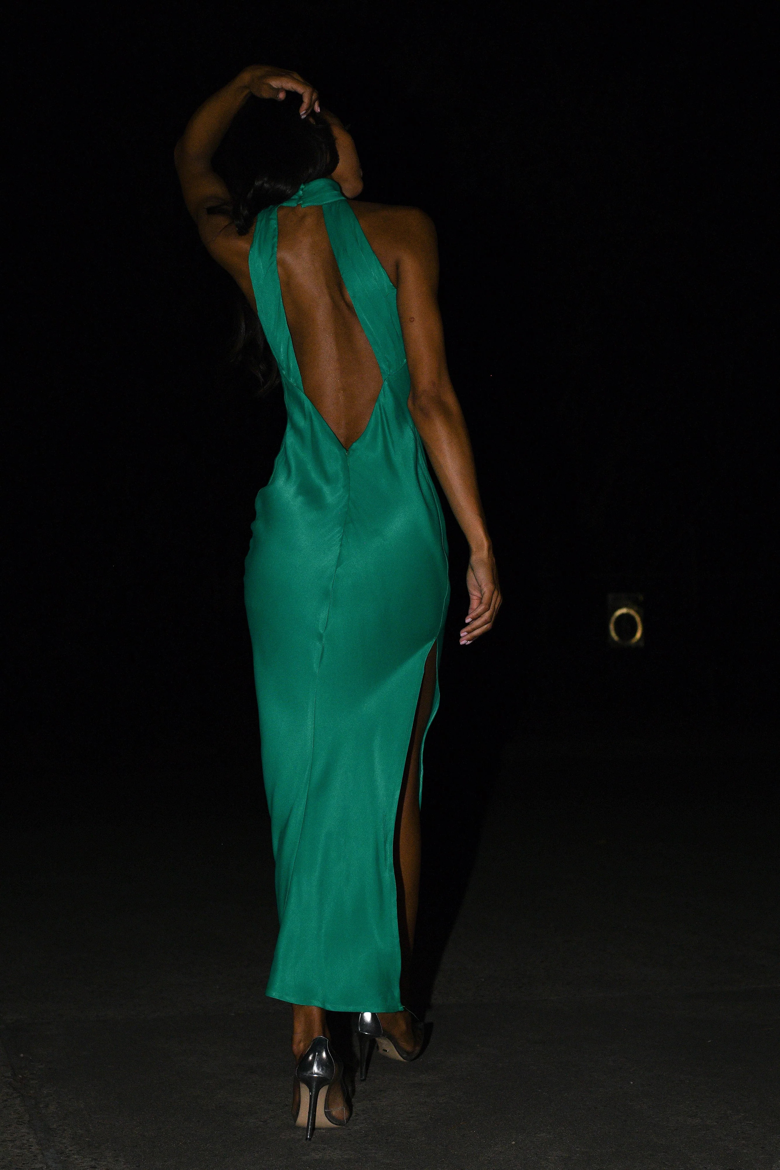 Claire Satin Drape Back Maxi Dress with Split - Green | Meshki (APAC)