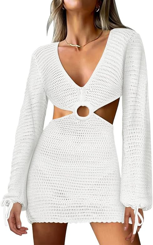 LILLUSORY Swim Cover Up for Women 2023 Summer Swimsuit Coverup Sexy Beach Crochet Dress | Amazon (US)
