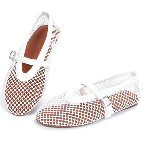 Mesh Ballet Flats for Women, Fishnet Ballerina Shoes Buckle Strap White | Amazon (UK)