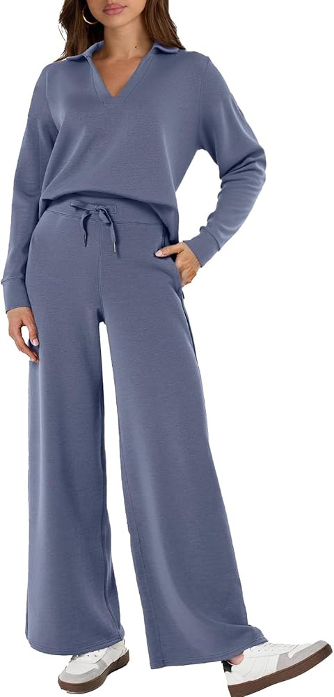 Glamaker Women's 2 Piece Sets Outfits Casual Long Sleeve Sweatsuits Polo Top and Wide Leg Pants M... | Amazon (US)