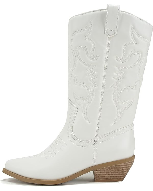 Soda Red Reno Western Cowboy Pointed Toe Knee High Pull On Tabs Boots All-White | Amazon (US)