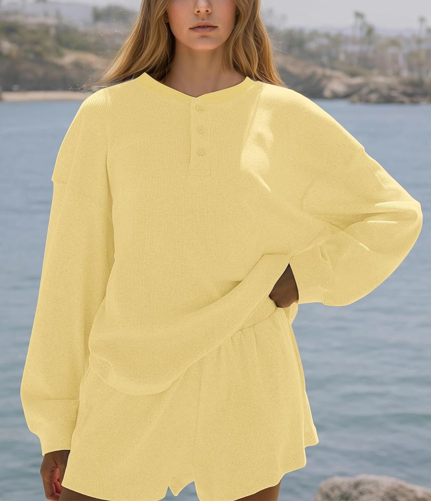 MISSACTIVER Waffle Knit Lounge Sets for Women Long Sleeve Oversized Sweatshirt Elastic Waist Shor... | Amazon (US)