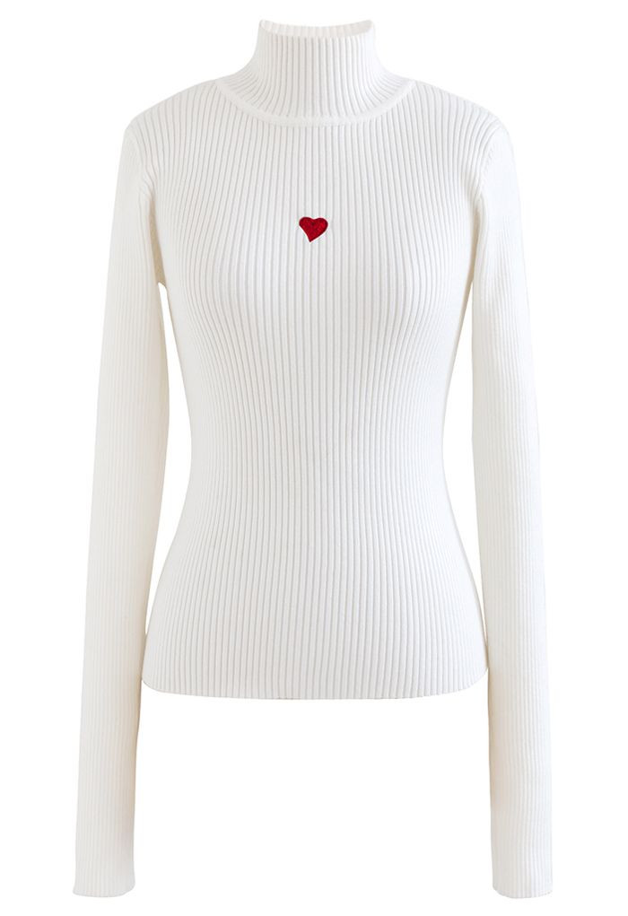 Little Heart High Neck Fitted Knit Top in White | Chicwish