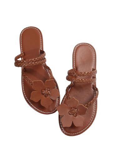GORGLITTER Women's Flower Strappy Flat Sandals Braided Toe Ring Flip Flops Dressy Open Toe Summer Thong Sandals 2026 Brown 8 | Amazon (US)