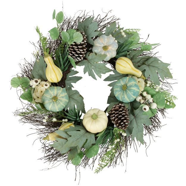 Northlight Green and White Pumpkins with Berries Artificial Fall Harvest Wreath, 22-Inch, Unlit | Target