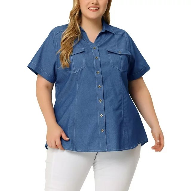 Agnes Orinda Plus Size Chambray Shirt for Women Denim Western Shirts Short Sleeve Button Down Top... | Walmart (US)