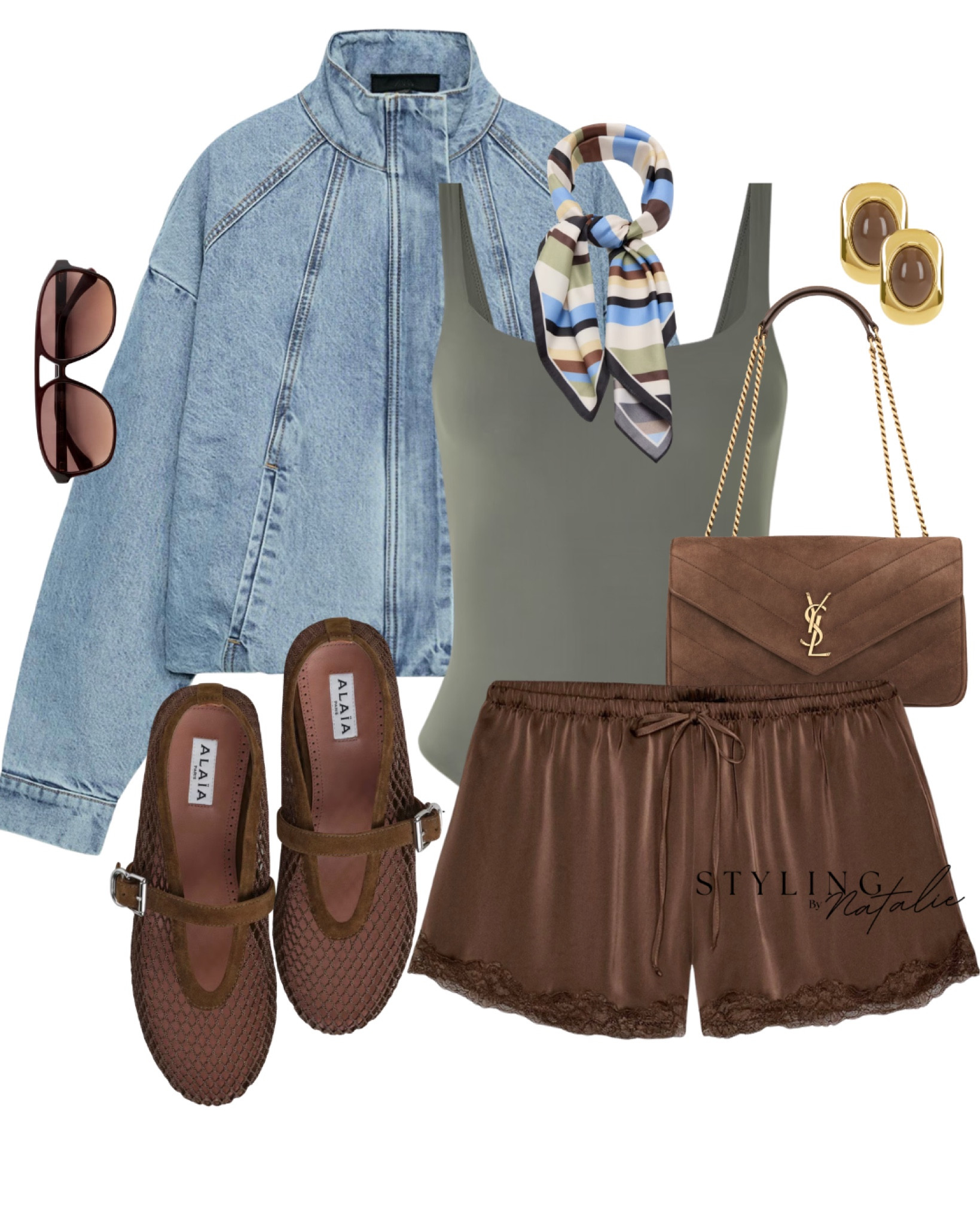 Spring style- SATIN SHORTS 
Oversized denim bomber javket, windbreaker, satin lace shorts, zara, Alaia mesh suede ballet pumps, Saint Laurent suede bag, bodysuit, skims, foulard, scarf, everyday cool girl style, london outfit 

#LTKuk #LTKspring #LTKstyletip