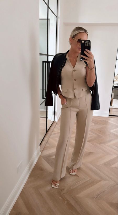 OBSESSED with this look! 😍 Vests are trending BIG and these pull on trousers are a must have! I was pleasantly surprised! Use code: LILLIEXSPANX. 
I’m wearing smalls in all. Pants come in short, reg, tall. 

Trousers. Vest. Women fashion. Spring outfit. Workwear. Monochromatic. Tan vest. Shirt vest. 

#LTKfindsunder100 #LTKstyletip #LTKworkwear