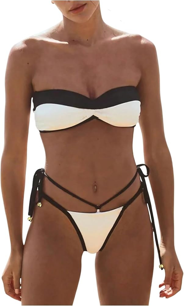 SHENHE Women's Bandeau Bikini Set Color Block Strapless High Cut Cheeky String Swimsuits 2 Piece | Amazon (US)