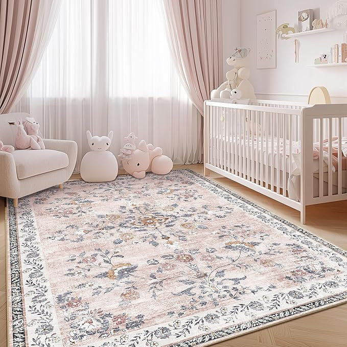 Area Rug 5x7, Vintage Floral Distress Print Pattern, Washable Non-Slip Low-Pile Indoor Carpet for... | Amazon (US)