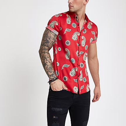 Mens Red satin paisley slim fit short sleeve shirt | River Island (UK & IE)