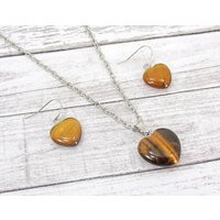 Brown Tiger's Eye Genuine Stone Heart Pendant Necklace & Earring Set. Tigers Fashion Jewelry | Etsy (US)