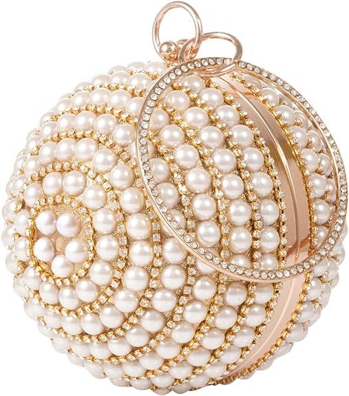 Womans Round Clutch Ball Handbag Dazzling Full Rhinestone Tassles Ring Handle Purse Pearls Evenin... | Amazon (US)