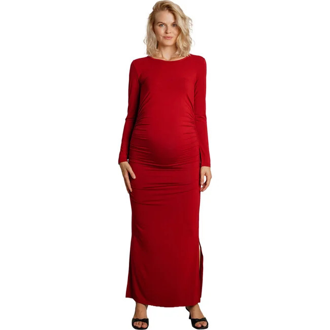 NOM Maternity | Curve Flattering Fit Round Neck Long Sleeve Side Slit Dress, Merlot (Red, Size Medium) | Maisonette | Maisonette