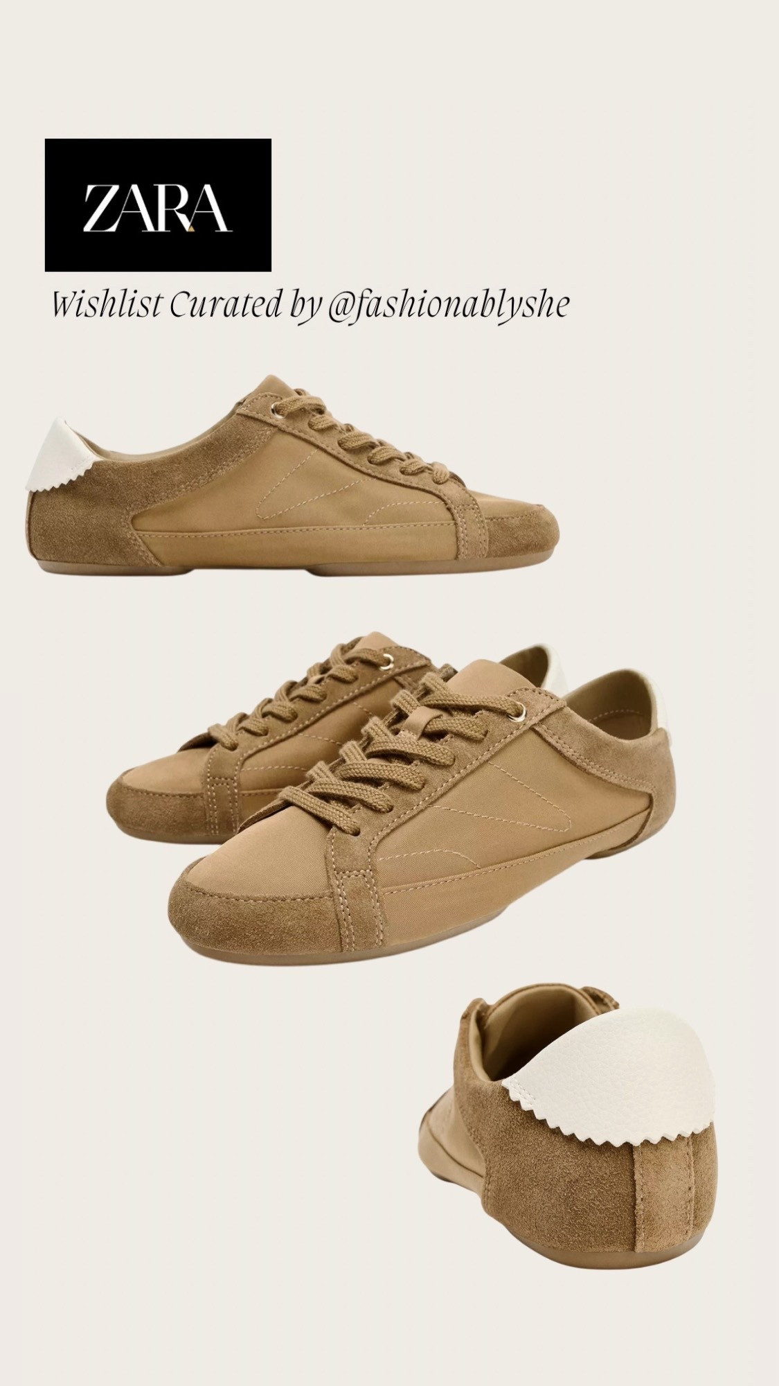 Zara tan/brown sneakers 

#LTKdayinmylife #LTKmomlife #LTKOver40