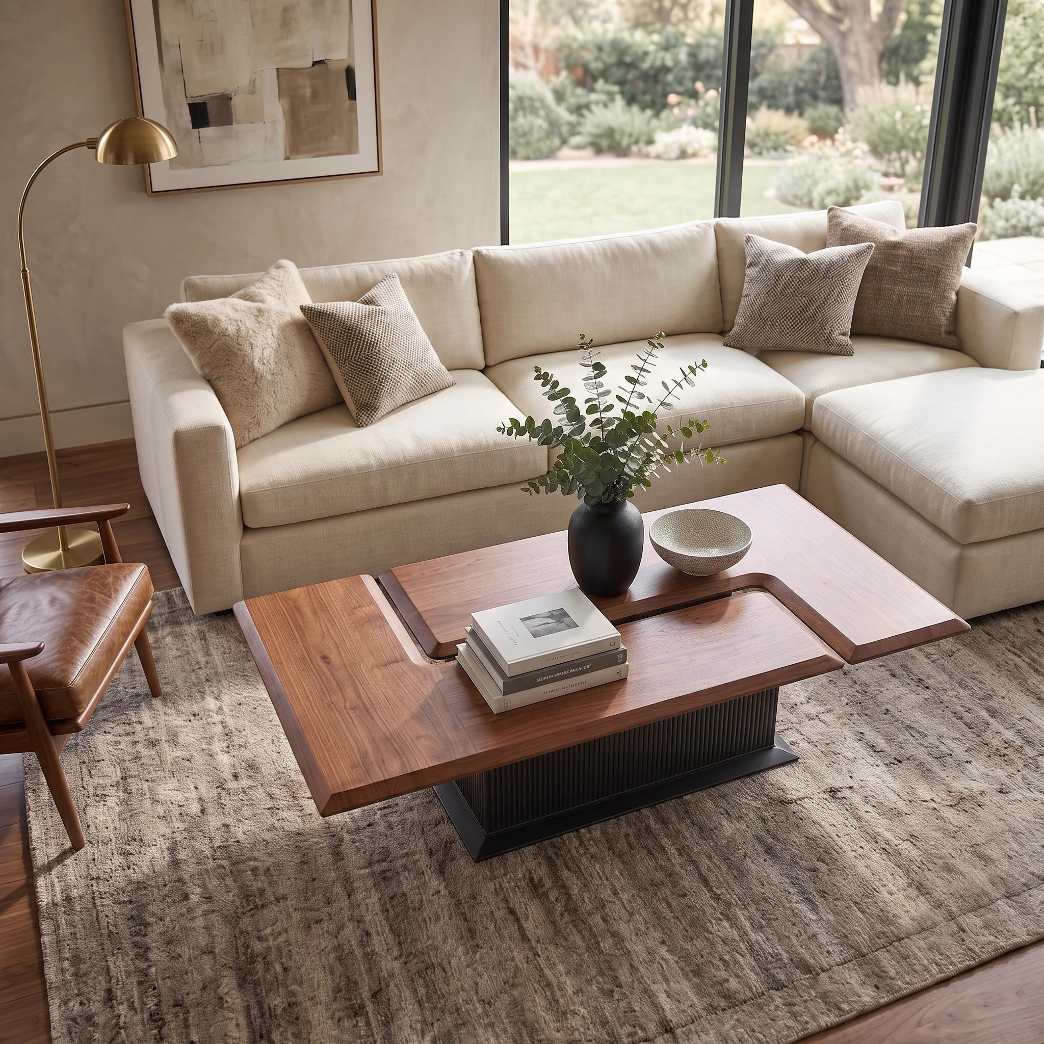 58" Wide Solid Wood Expandable Coffee Table, Square to Rectangle, Ribbed Base, Mid-Century Modern, Walnut Finish | Wayfair North America