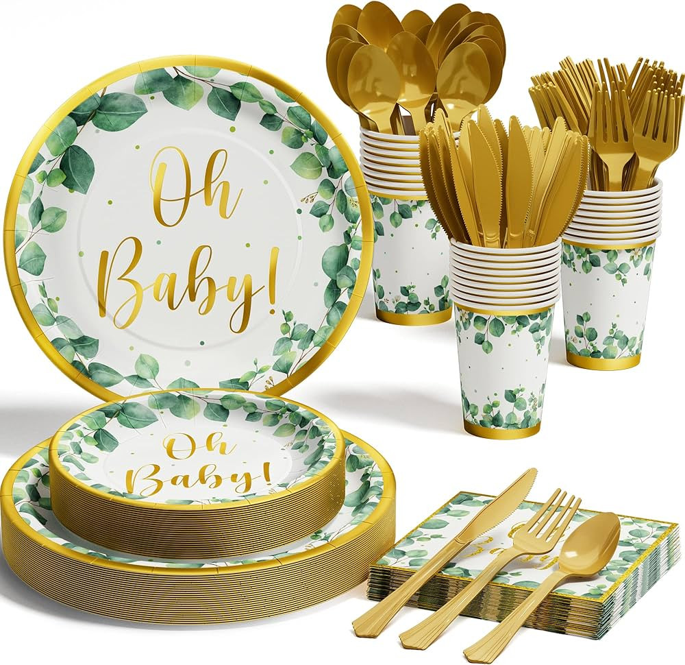 Ecomore Sage Greenery Baby Shower Party Supplies - 175 PCS Boho Neutral Disposable Dinnerware Set... | Amazon (US)