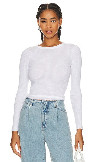 Scalloped Long Sleeve Crew in White | Revolve Clothing (Global)