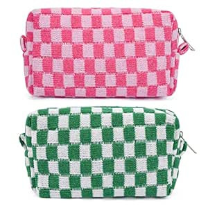 SOIDRAM 2 Pieces Makeup Bag Checkered Cosmetic Bag Pink Green Makeup Pouch Travel Toiletry Bag Or... | Amazon (US)