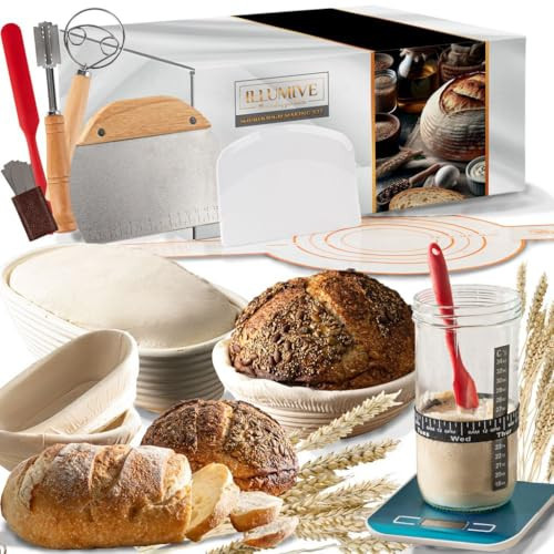 Sourdough starter kit, Inclusive sourdough bread baking supplies. Sourdough Starter Jar, banneton bread proofing basket, dough whisk,Includes all bread making tools. | Amazon (US)