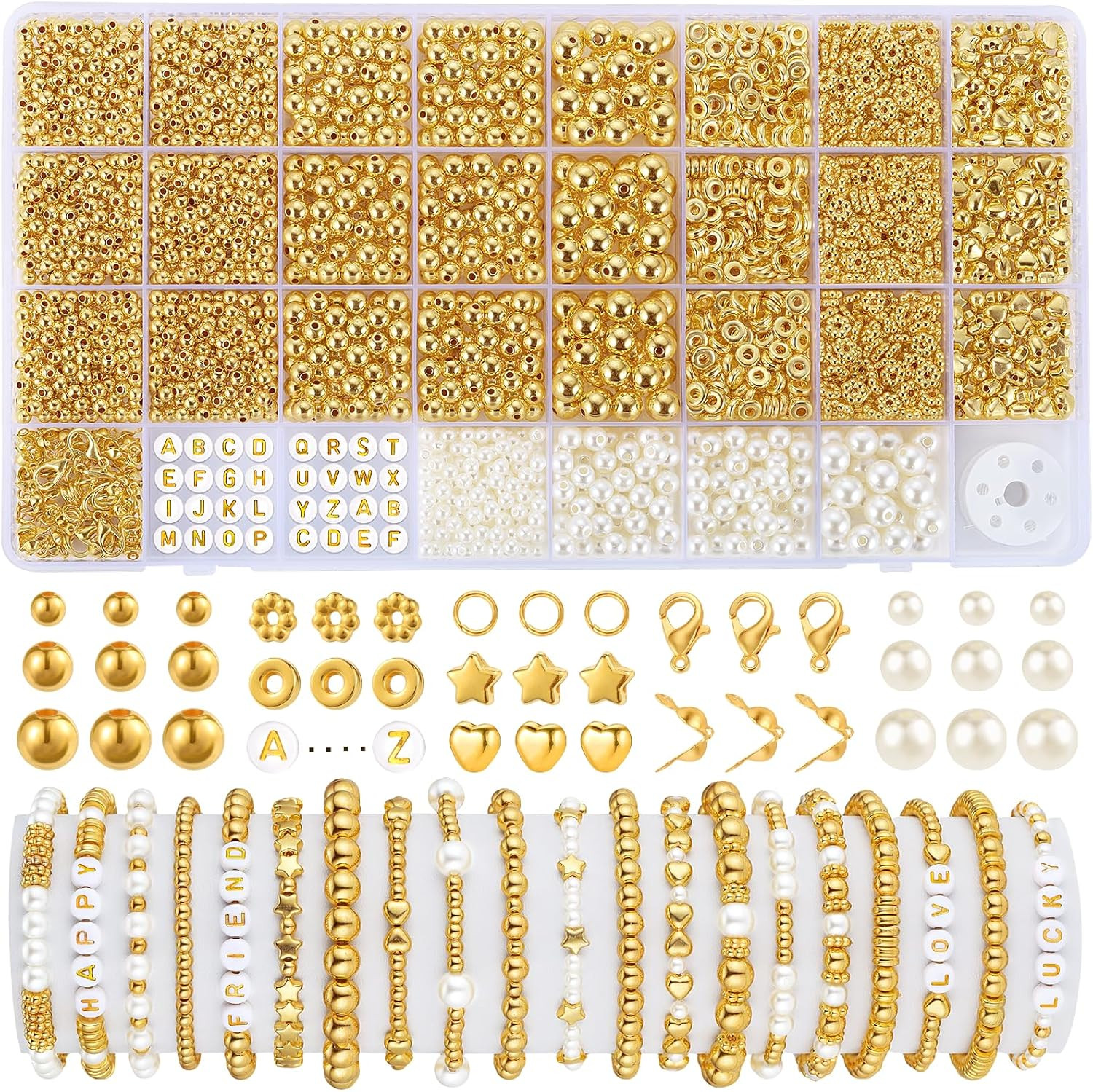 Funtopia Spacer Beads for Jewelry Making, 2500Pcs Gold Round Beads for Bracelets, 4mm 6mm 8mm Spa... | Amazon (US)