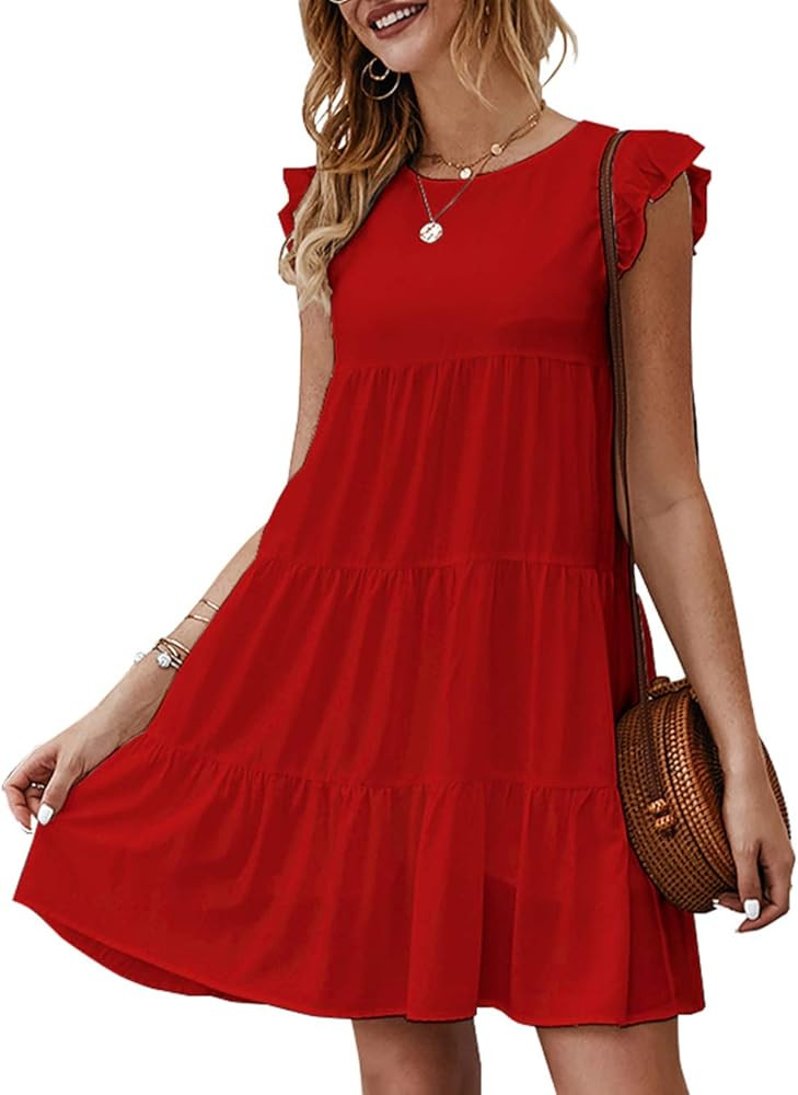 KIRUNDO Women’s Summer Dress Sleeveless Ruffle Sleeve Round Neck Mini Dress Solid Color Loose F... | Amazon (US)