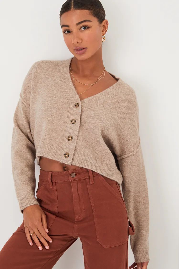 Cozy Ease Heather Taupe Button-Up Cropped Cardigan Sweater | Lulus (US)