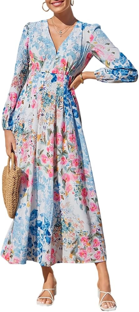 Sissyaki Women's Long Sleeve Boho Floral Maxi Dress Smocked Beach Flowy Dress | Amazon (US)