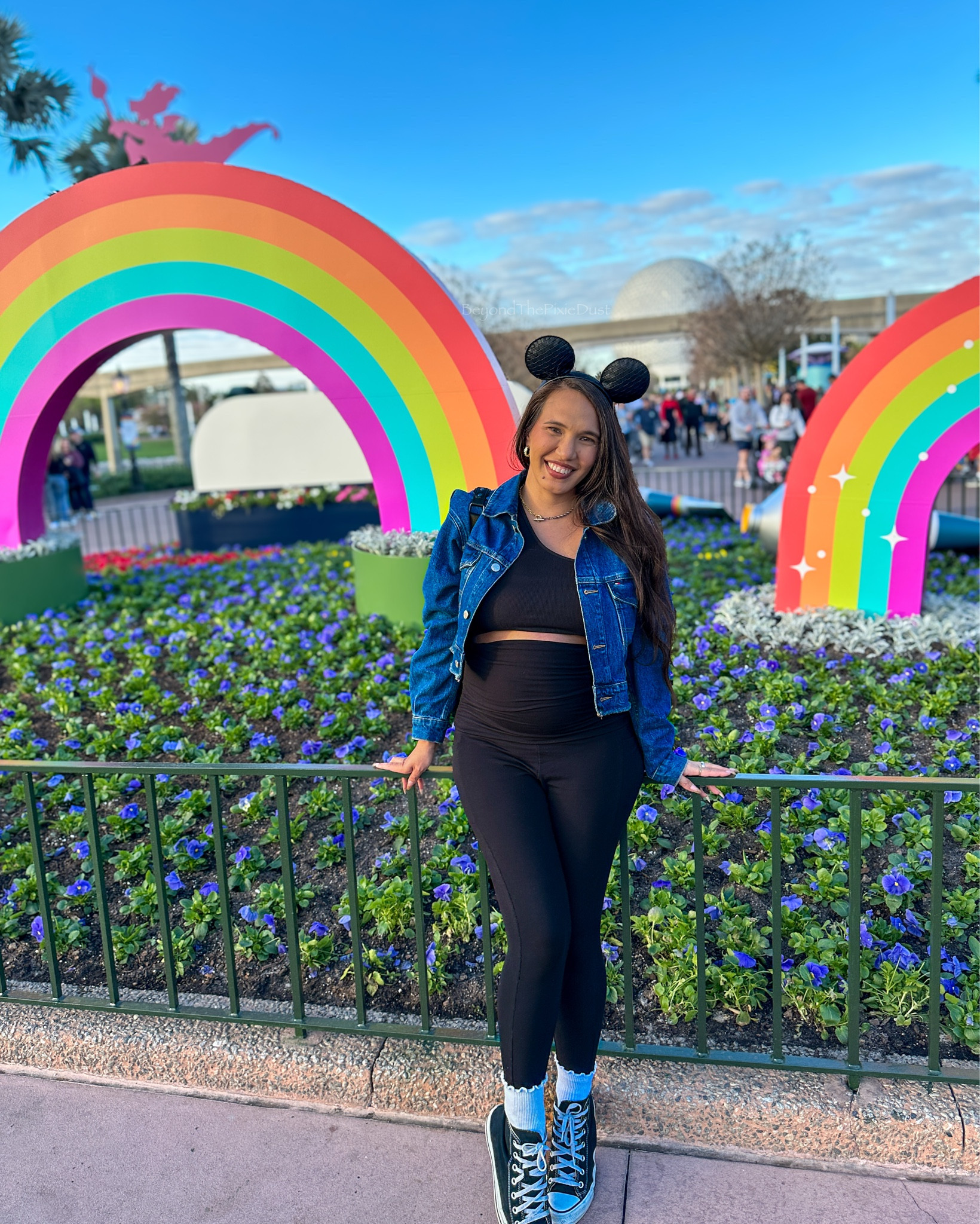 My goal has always been to feel comfortable at the parks, and being pregnant makes this even more essential for enjoying a day out. It's been cold in Florida, so I paired my go-to fleece maternity leggings with a black crop top from Amazon. I completed the look with my Disney 100th Anniversary Tommy Hilfiger jacket, Converse shoes, a Disney Loungefly bag, Mickey ears, and my usual accessories. I love these leggings because they don’t feel restrictive on my belly like many other pregnancy leggings I’ve tried. 

#LTKTravel #LTKBaby #LTKBump