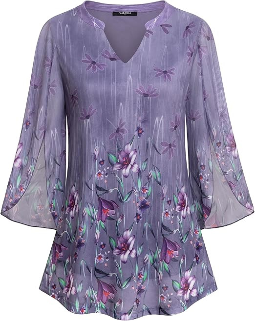 VALOLIA Women's 3/4 Sleeve Floral Tunic Tops V Neck Double Layers Loose Fit Mesh Blouses Shirt | Amazon (US)