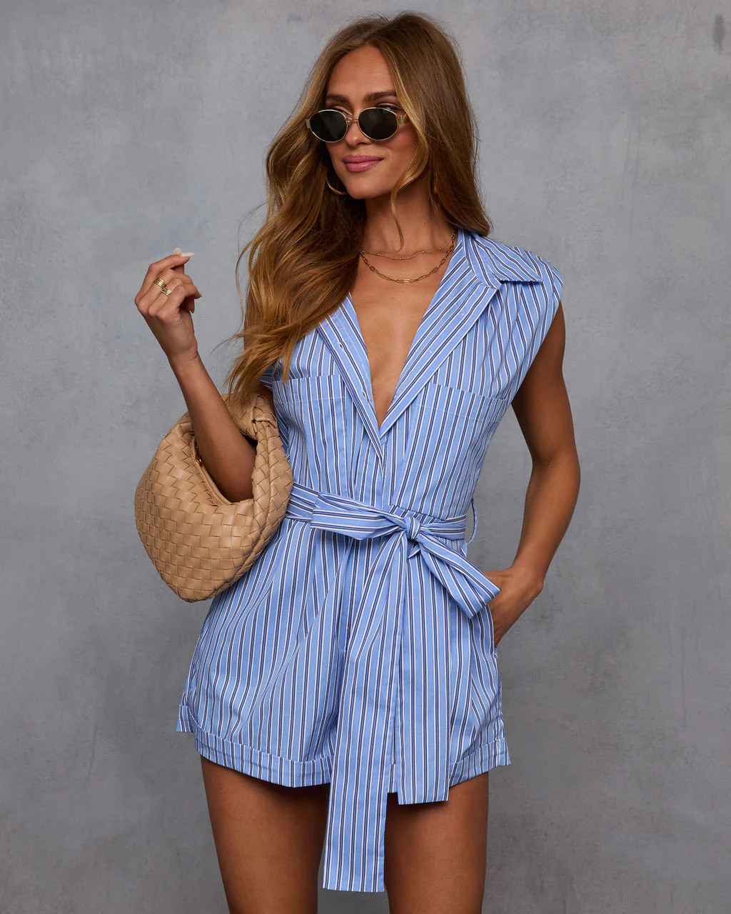 Adeline Pinstripe Tie Waist Romper | VICI