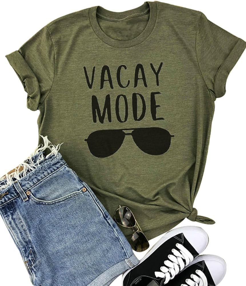 YUYUEYUE Vacay Mode Sunglasses Letter Print T-Shirt Casual Short Sleeve Top Tee Blouse | Amazon (US)