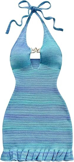 GORGLITTER Women's Crochet Halter Knit Bubble Backless Dresses Summer Vacation Festival Cruise Ha... | Amazon (US)
