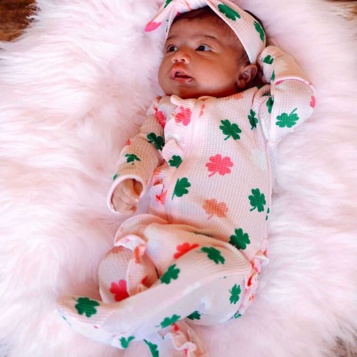 Organic Waffle 2-Way Zip Ruffle Footie, Pink Clover | SpearmintLOVE