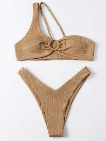 Rib Ring Linked One Shoulder Bikini Swimsuit
   SKU: swswim23210416082     US$3.00 
      US$13.0... | SHEIN