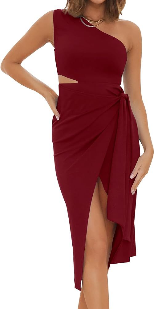 ZESICA Women's Sexy One Shoulder Sleeveless Cutout Ruched Tie Waist Side Split Bodycon Cocktail Part | Amazon (US)