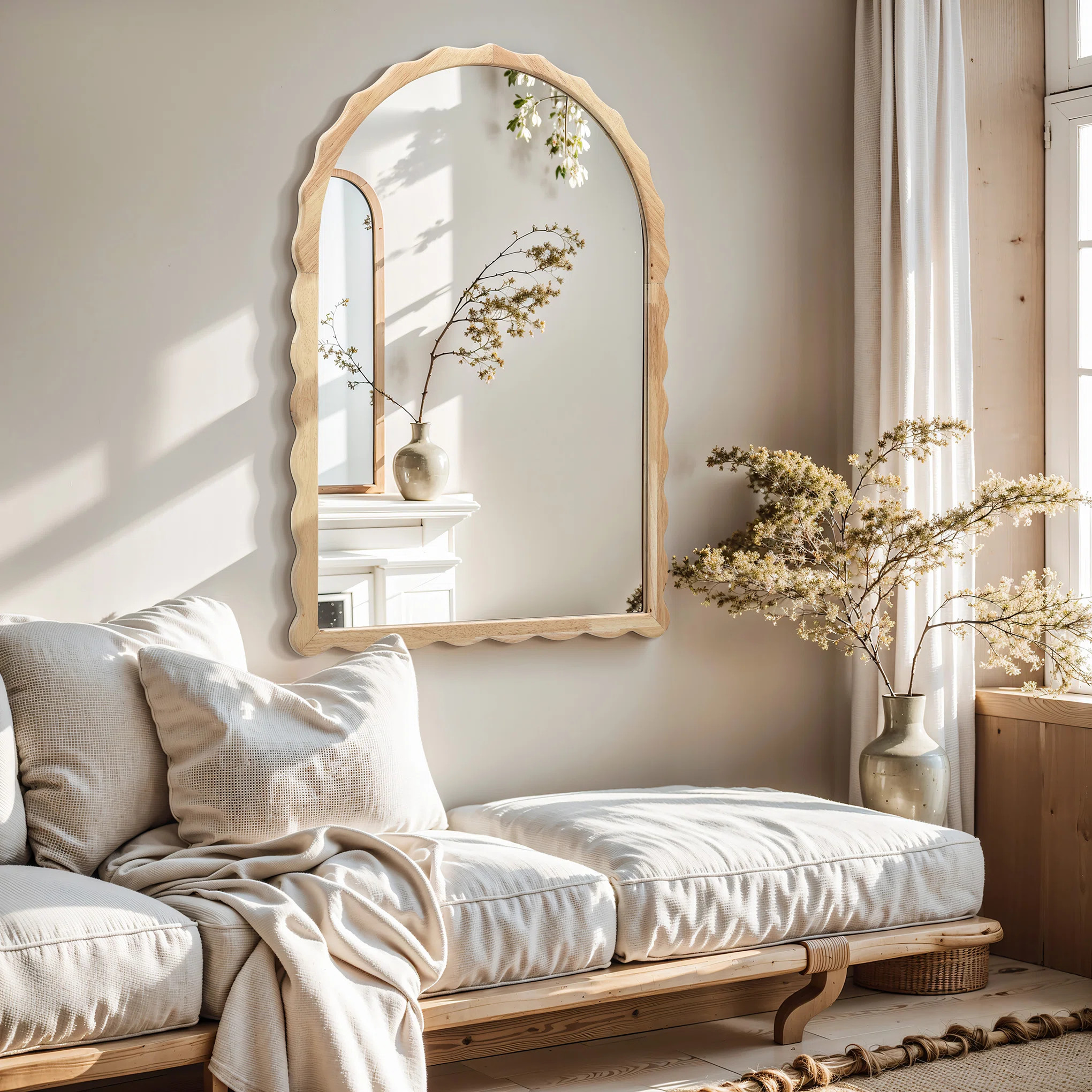 34-Inch Tall Arch Natural Rubberwood Scalloped Frame Wall Mirror | Wayfair North America