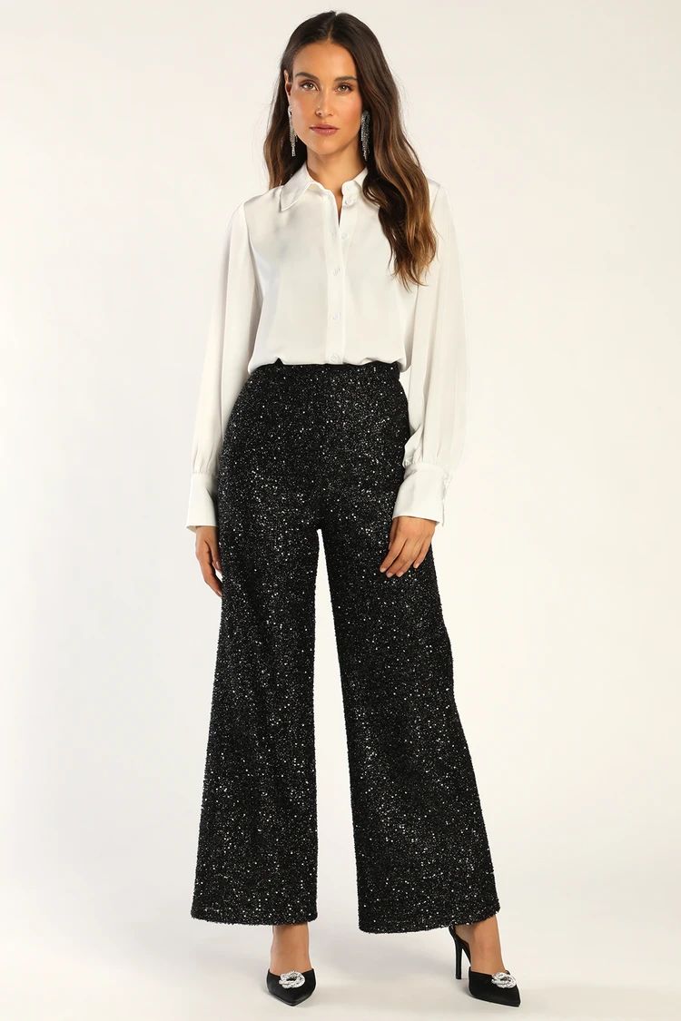 Shiny Delight Black Sequin High Rise Wide-Leg Pants | Lulus (US)