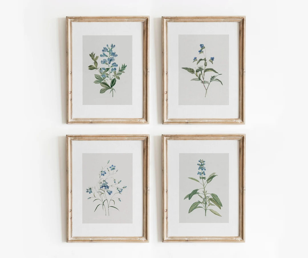 Blue Botanical Set of 4 | Vintage Floral Prints | Minimal Watercolor Gallery Wall Art | Digital D... | Etsy (US)