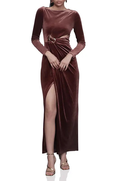 Avec Les Filles Pleated Cutout Long Sleeve Velvet Maxi Dress in Chocolate Brown at Nordstrom, Size Small | Nordstrom