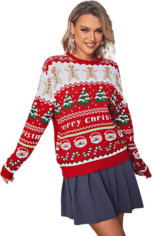Amegoya Women's Funny Ugly Christmas Knitted Sweaters Crewneck Cute Reindeer Sweater Pullover for... | Amazon (US)