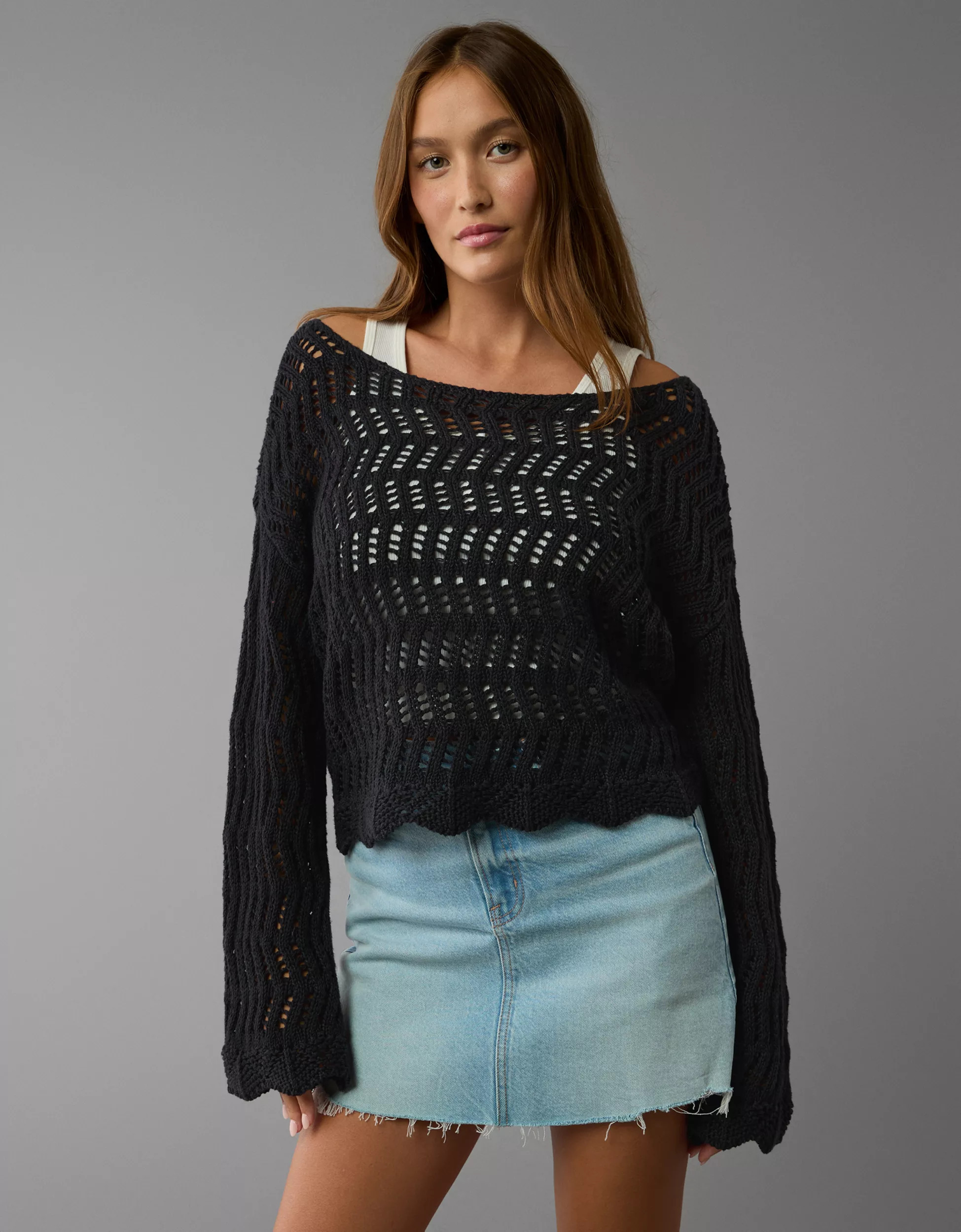 AE Boat Neck Bell Sleeve Crochet Sweater | American Eagle Outfitters (US & CA)