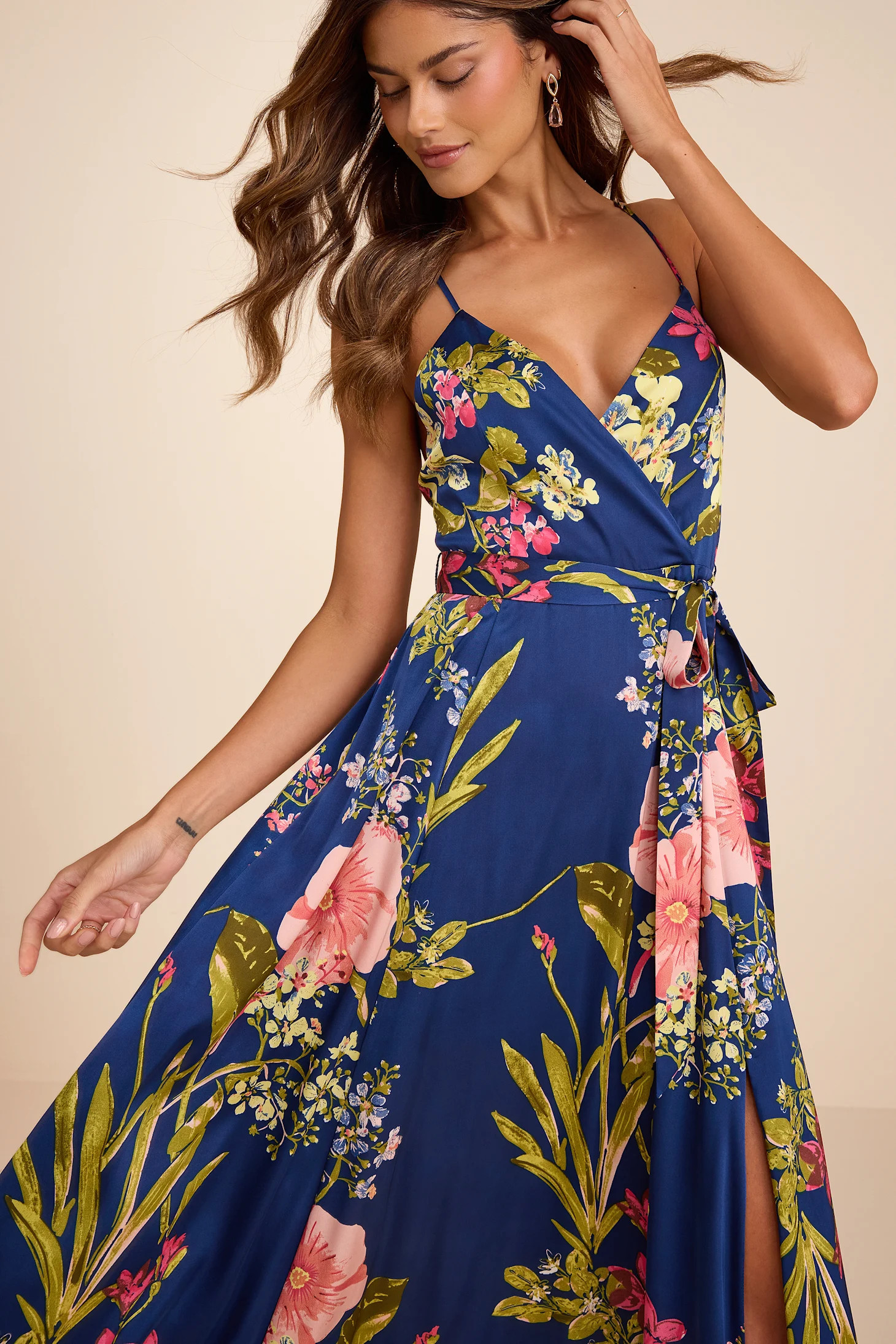 Still the One Blue Floral Print Satin Maxi Dress | Lulus