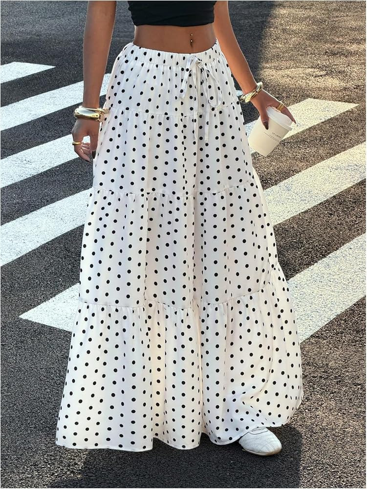 Floerns Women's Polka Dots Flowy Maxi Skirt Y2K Drawstring Waist Tiered Ruffle Going Out Skirts | Amazon (US)