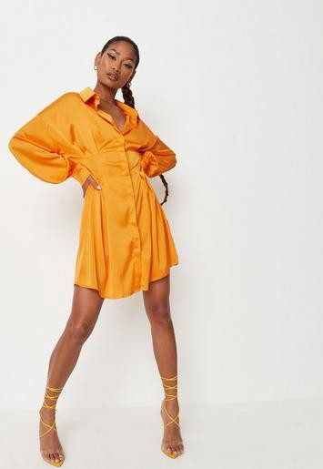 Missguided - Orange Satin Pleated Waist Shirt Dress | Missguided (US & CA)