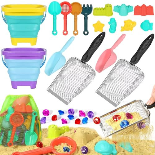Beach Sand Toys for Kids,Sand toys with 2 Collapsible Beach Bucket,2 Beach Sifter Shovel,Sand Shovel Set,Sand Castle Kit,Sea Animal Molds,Diving Gem Pool Toy,Mesh Bag Travel Toys for Toddler 3-10 | Amazon (US)