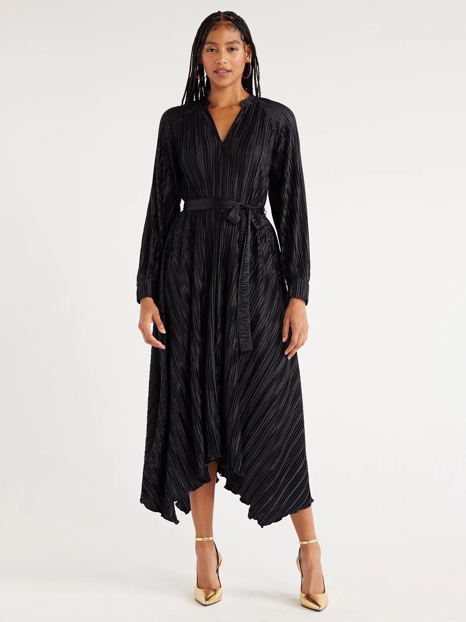 Scoop Women's Long Sleeve Plisse Midi Dress with Handkerchief Hem, Sizes XS-XXL | Walmart (US)