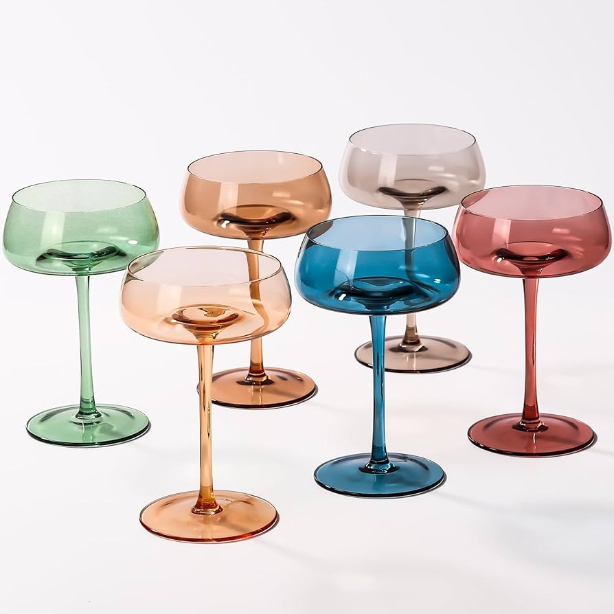Colored Coupe Glasses Set of 6-8 oz Crystal Round with Unique Convex Bottom - Versatile Tall Cock... | Amazon (US)