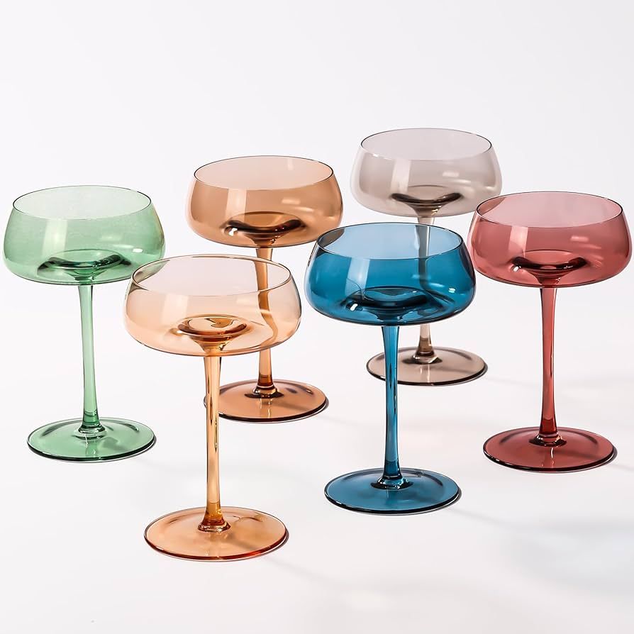 Colored Coupe Glasses Set of 6-8 oz Crystal Round with Unique Convex Bottom - Versatile Tall Cock... | Amazon (US)